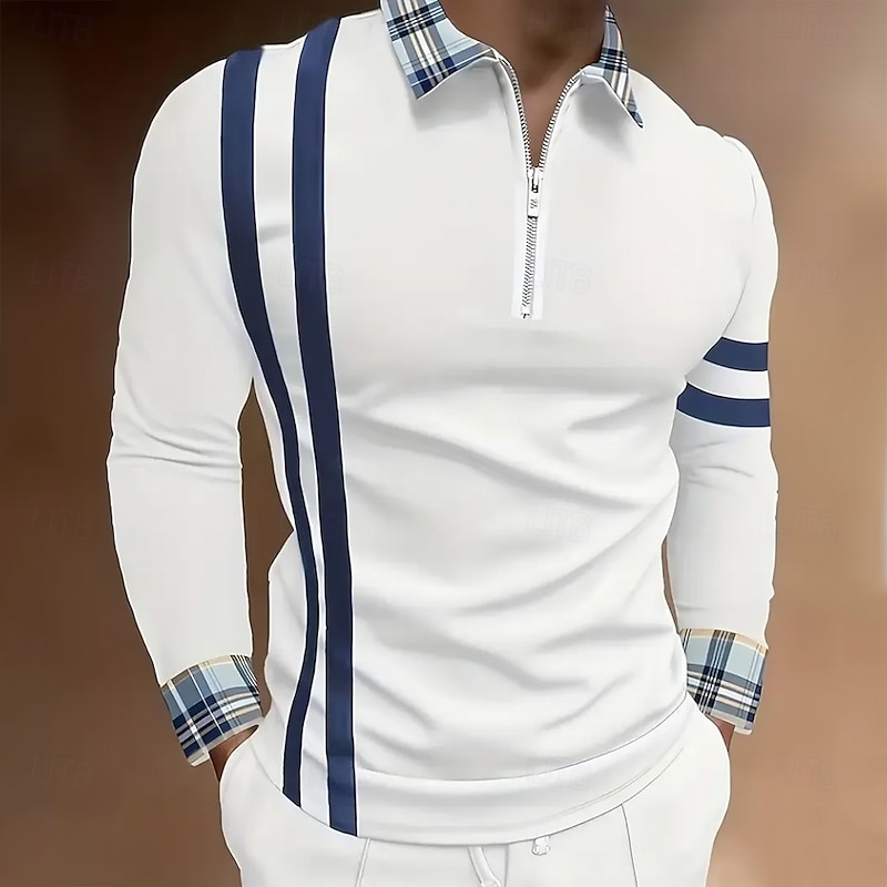 Men's Graphic Striped Polo Long Sleeve Half Zip Business Casual Daily Athleisure Casual Daily Zip Up Spring Fall Winter White