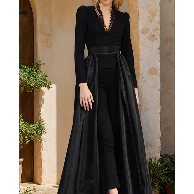 Jumpsuit / Pantsuit Mother of the Bride Jumpsuit Detachable Overskirt Elegant Simple Minimalist V Neck Floor Length Ankle Length Satin Crepe Stretch Fabric Long Sleeve with Lace3