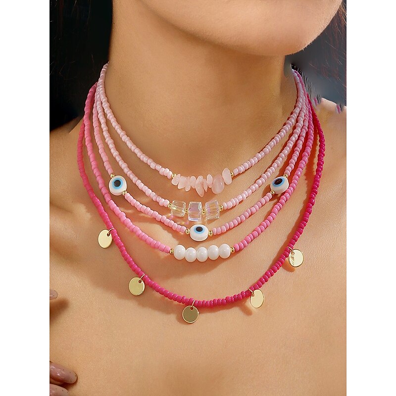 Women's Colorful Beaded Layered Necklace Set – Boho Evil Eye, Pearl, and Charm Accents – Adjustable Summer Jewelry for Teens and Young Women – Ideal for Beach, Festivals and Casual Wear