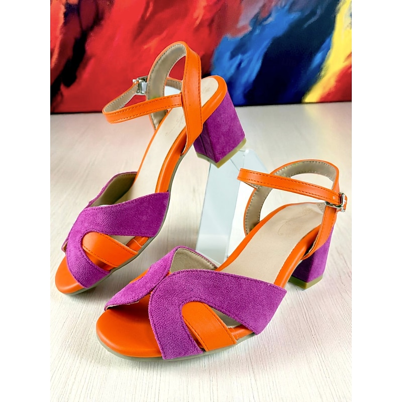 Women's Colorblock Chunky Heel Sandals - Vibrant Suede and Faux Leather Open Toe Shoes for Casual Dates and Summer Outfits