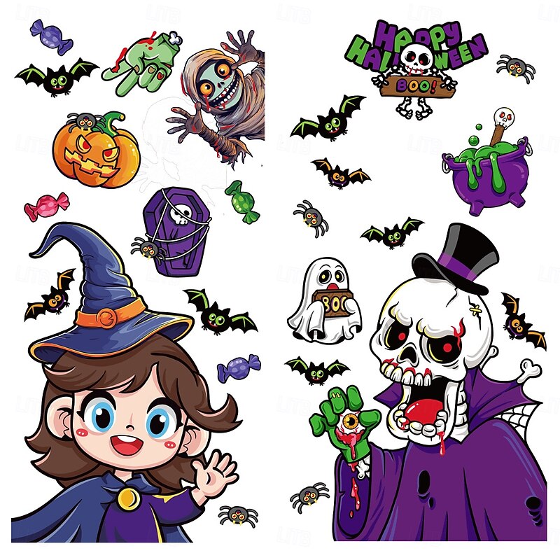 4 Sheets Halloween Window Cling Sticker Decals Decorations Double Side, Skull Pumpkin Witch Ghost Bat Grim Reaper Happy Halloween Static Stickers for Glass Decor4