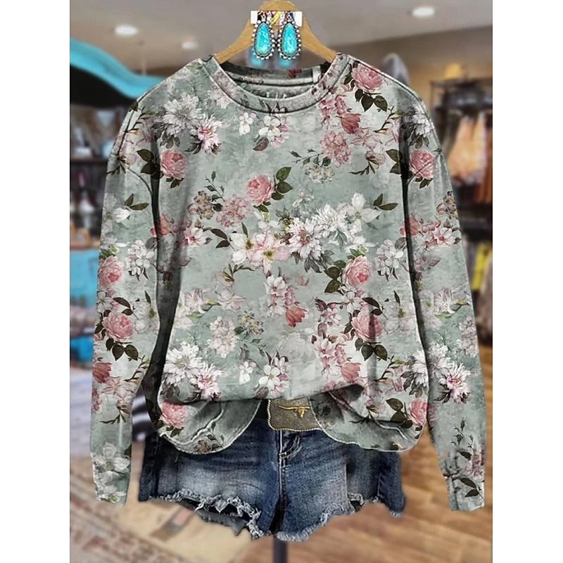 Women's Pullover Sweatshirt Floral Graphic Casual Long Sleeve Crew Neck Regular Tops Street Dailywear Casual Print Black Pink Blue Orange Gray Spring Fall Winter3