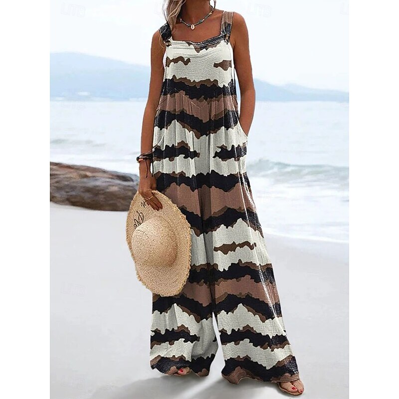 Women's Dungarees Active Floral Sleeveless Sleeveless Wide Leg Pocket Buttons Vacation Daily Loose Fit Black White Yellow Summer4