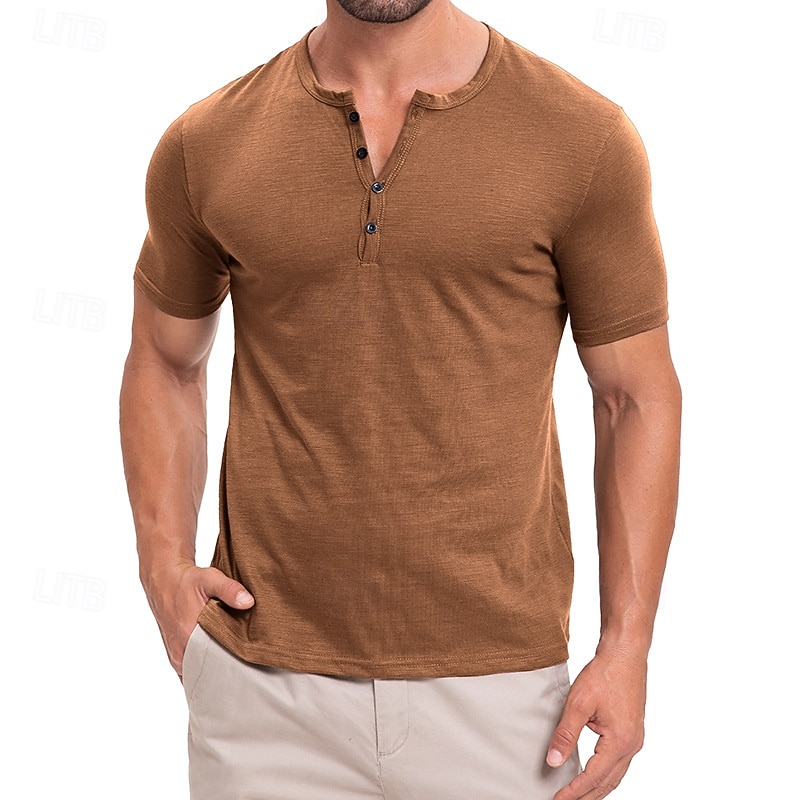 Men's T Shirt Henley Shirt Tee Short Sleeve Shirt Short Sleeve Henley Summer Spring Plain Fashion Designer Basic Buttons Vacation Street Going out Black Pink Dark Gray Top Tee for Men