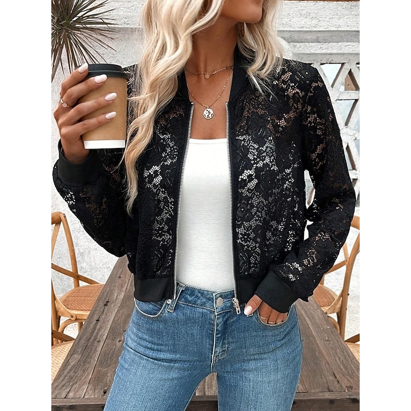 Women's Bomber Jacket Comfortable Breathable Lace Patchwork Zipper Elegant Casual Plain Vacation Street Casual Daily Wear Zipper Short Stand Collar Regular Fit Long Sleeve Outerwear Black Summer