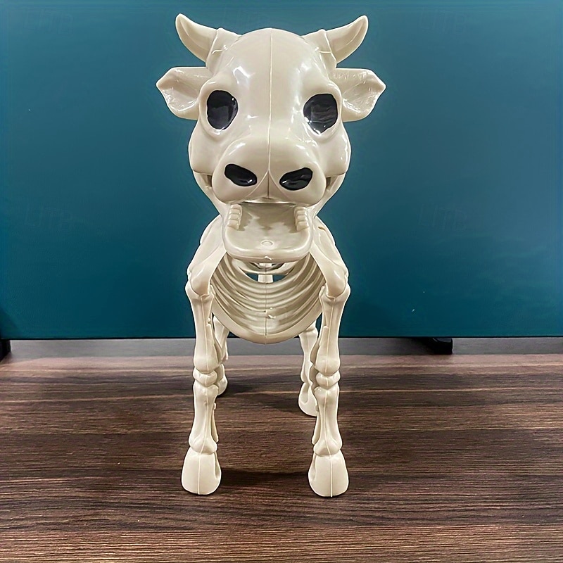 1pc Halloween Cow Skeleton Decor Plastic Bovine Skeleton Statue Outdoor Sculpture Spooky Animal Bones Decorative Prop