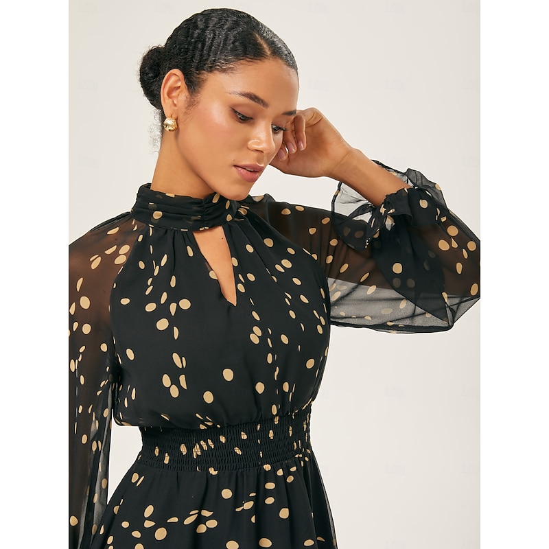 Women's Female Casual Dress Maxi Dress Black Long Sleeve Polka Dot Print Summer Cross-Seasons High Neck Vacation Bohemian XS S M2