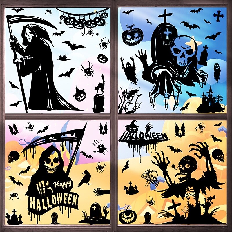 6 Sheets Halloween Window Cling Sticker Decals Decorations Double Side, Pumpkin Ghost Skull Static Stickers with Happy Halloween for Glass Window Decor3