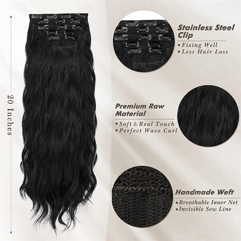 20 Inch Wavy Clip in Hair Extensions  5PCS Thick Soft Synthetic Hairpieces  Natural Black Full Head Clip in Hair Extensions for Women  Long Voluminous Easy Wear for Daily Party Halloween4