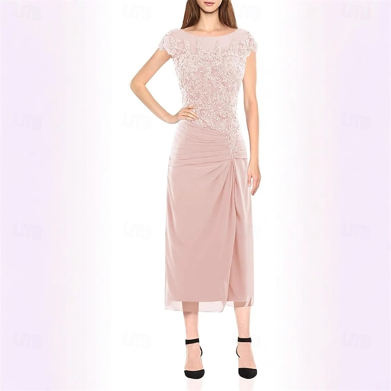 Mermaid / Trumpet Mother of the Bride Dress Elegant Simple Crew Neck Ankle Length Chiffon Short Sleeve with Solid Color4