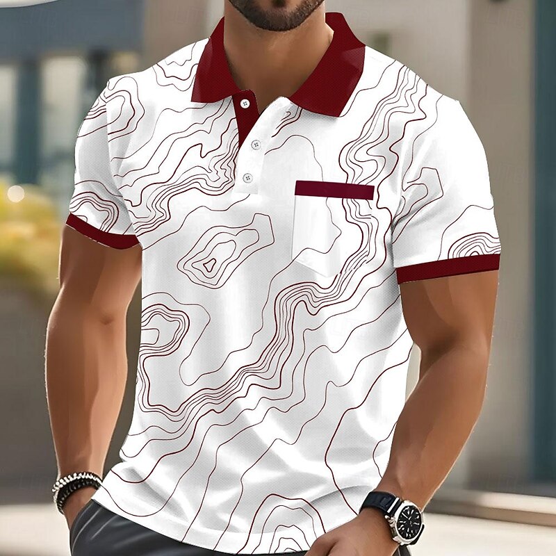 Men's Geometic Line Polo Short Sleeve Polo Shirts Collared Shirts Business Casual Outdoor Business Athleisure Daily Wear Buttons Pocket 3D Print Summer Black Red Blue2