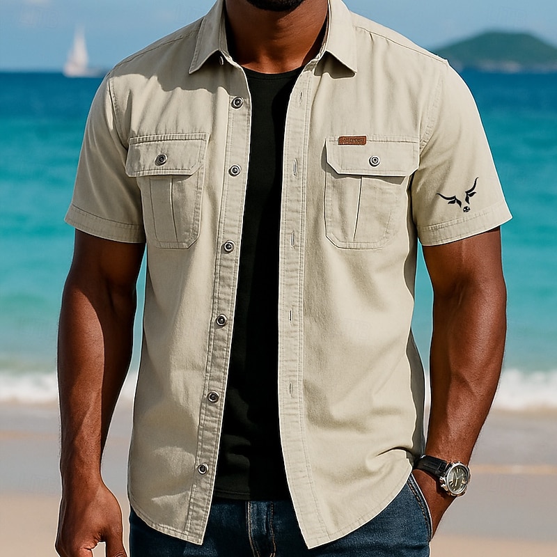 Men's Cow Print Work Shirt Western Shirt Cargo Shirt Short Sleeve Casual Tactical Sports Outdoor WorkWear Summer Spring Turndown Front Two Pockets Cotton Button Up Shirts Beige