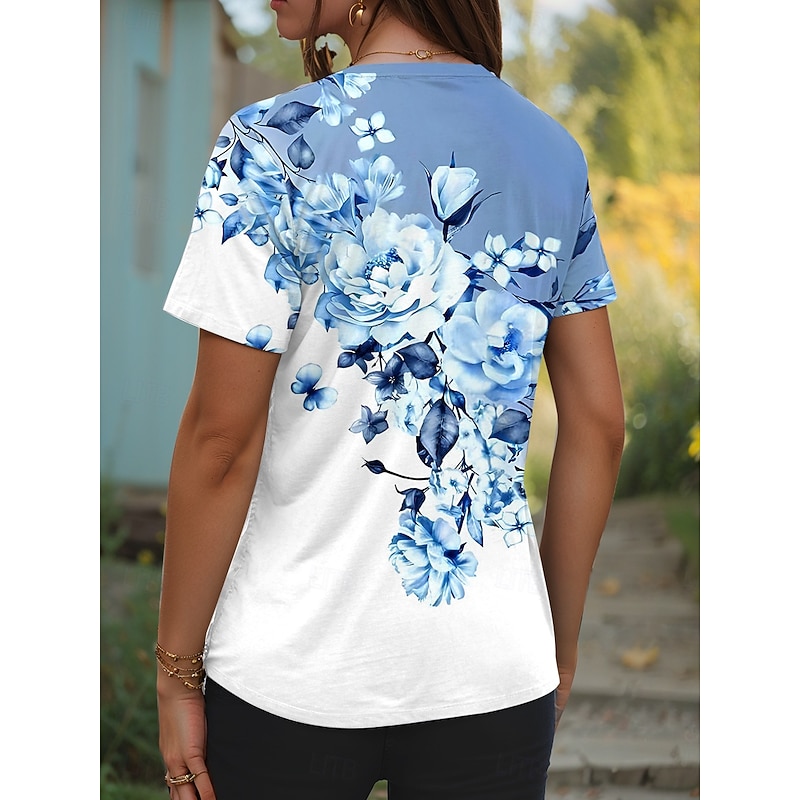 Women's T Shirt Floral Graphic Plants Stylish Classic Casual Short Sleeve V Neck Regular Tops Daily Weekend Print Pink Blue Purple Green Summer Spring2