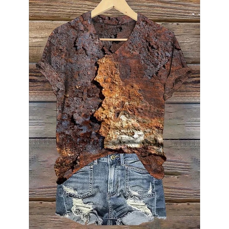 Women's T Shirt Ombre Graphic Abstract Vintage Stylish Classic Short Sleeve V Neck Regular Tops Daily Going out Weekend Print Maroon Brown Summer Spring