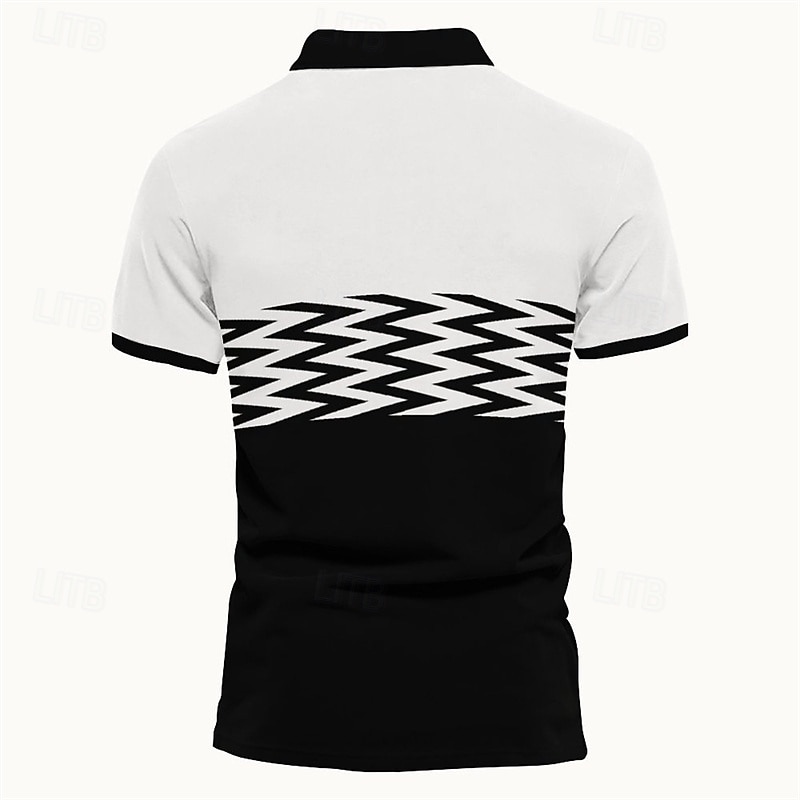 Men's Polo Button Up Polos Casual Sports Lapel Short Sleeve Fashion Basic Plaid Color Block Buttons Summer Spring Black Black White Polo4