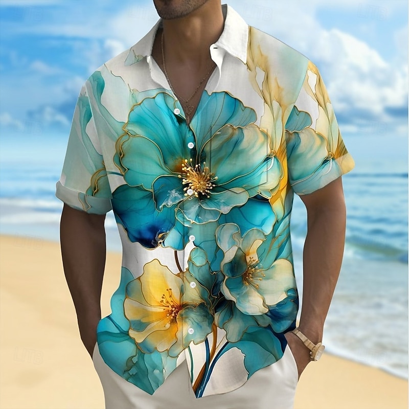 Men's Gradient Floral Print Flowers Summer Hawaiian Shirt Button Up Shirt Aloha Shirt Short Sleeve Hawaiian Holiday Beach Wear Summer Spring Turndown 3D Print Collared Shirts Front One Pocket White4