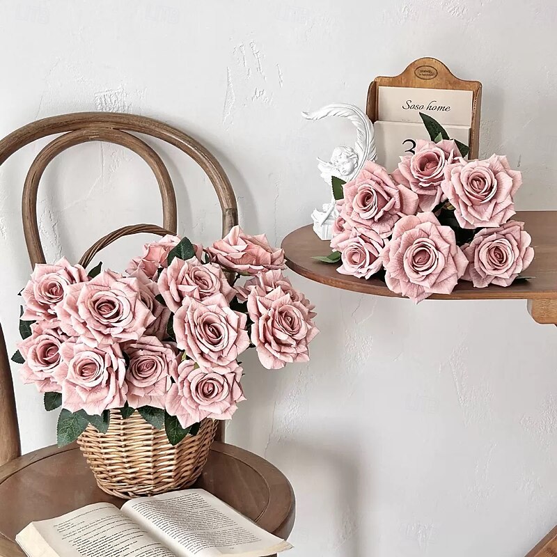 7-Head Artificial Rose Bouquet, Vintage Cappuccino Roses with Curled Petals, Faux Flowers for Wedding Arch, Table Centerpiece, Home Decoration2
