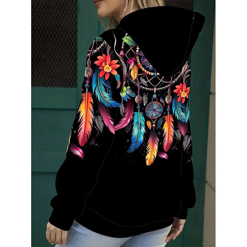 Women's Hoodie Pullover Sweatshirt Oversized Long Sleeve Casual Graphic Tribal Vintage Fashion Western Hooded Regular Tops Street Dailywear Holiday Print Front Pocket Black Fall Winter2