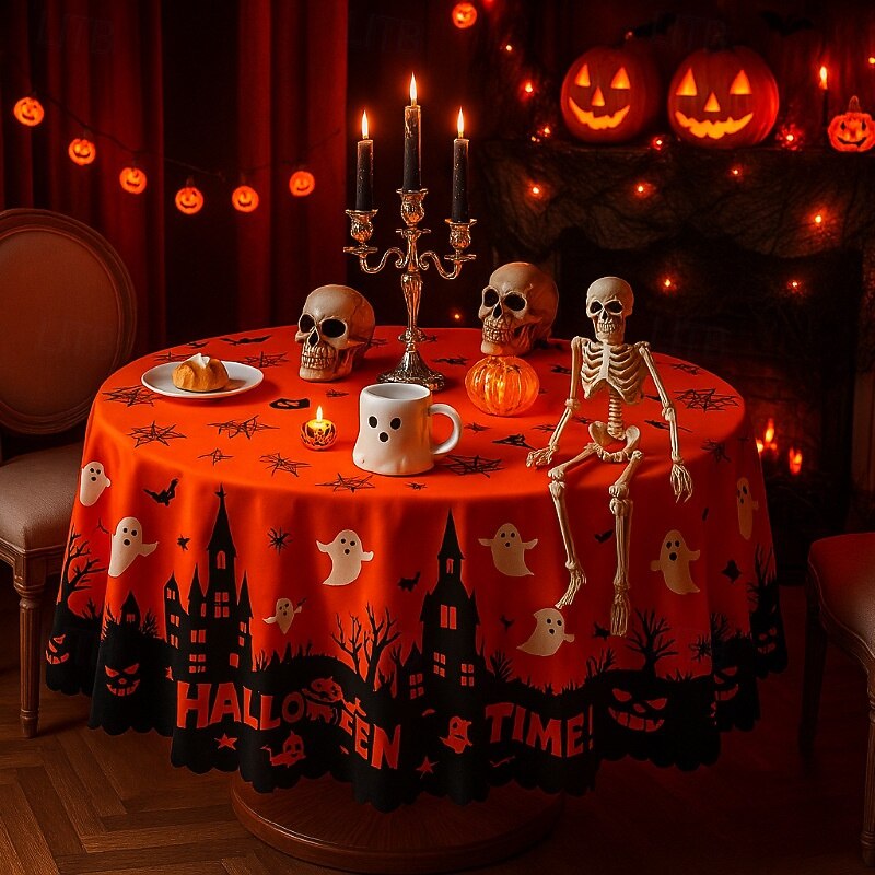 Halloween Tablecloths, 150 cm Diameter Pumpkin Bat Hallowmas Tablecloth, Rectangle Decorative Tablecloth, All Saints' Day Kitchen Tablecloth for Party, Festival, Celebration, Home Table