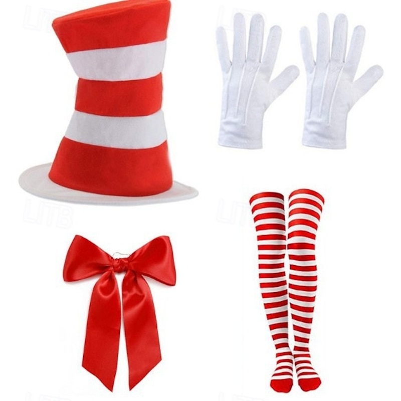 The Cat in the Hat Tutu Accessories Set Tall Hat Storybook Characters Movie Cosplay for Unisex Adults' Halloween Carnival World Book Day Performance Educational Dress Up2