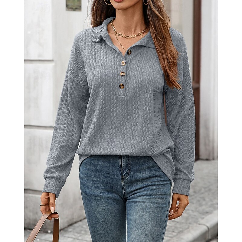 Women's Pullover Sweatshirt Plain Streetwear Casual Comfy Long Sleeve V Neck Regular Tops Street Holiday Going out Buttons Wine Navy Blue Green Gray Fall3