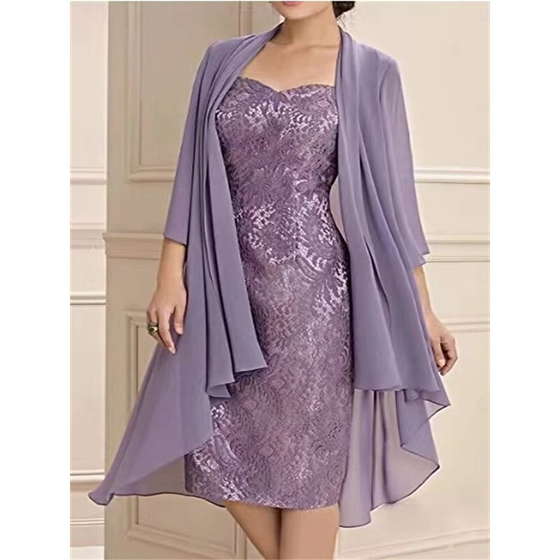 Two Piece Dress Sets Mother of the Bride Dress Elegant Simple Sweetheart Knee Length  3/4 Length Sleeve with Solid Color