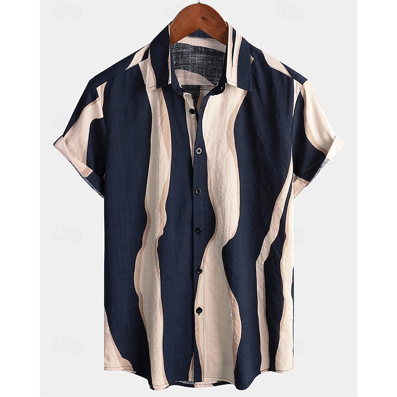Men's Shirt Summer Shirt Casual Shirt Beach Shirt Button Up Shirt Navy Blue Blue Short Sleeve Stripes Lapel Vacation Hawaiian Clothing Apparel Fashion Casual Comfortable2
