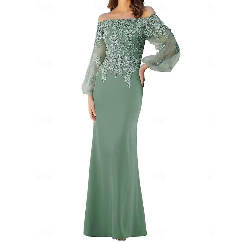 Mermaid / Trumpet Mother of the Bride Dress Elegant Off Shoulder Floor Length Lace Long Sleeve with Solid Color