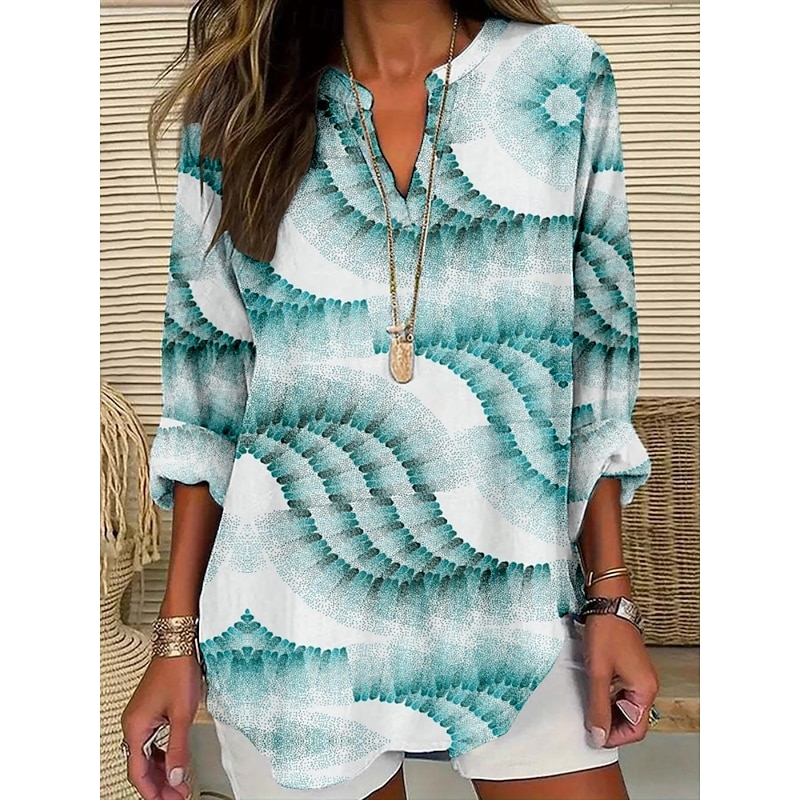 Women's Blouse Floral Stylish Modern Long Sleeve V Neck Regular Tops Daily Holiday Print Navy Blue Blue Purple Dark Gray Gray Summer - Main Image