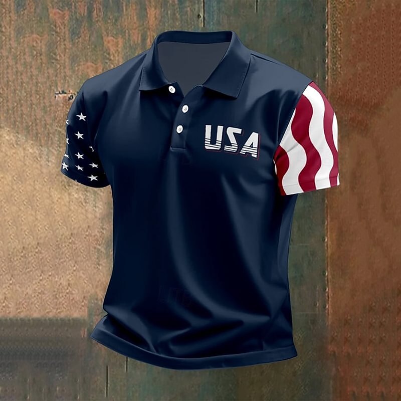 American Independence Day Men's American US Flag Polo Shirts Button Up Polos Golf Shirt Short Sleeve Polo Shirts Lapel Fashion Casual Daily Festival Print Summer Navy Blue
