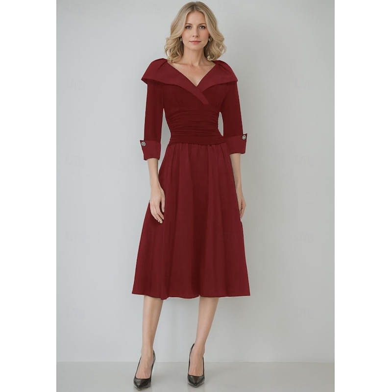 A-Line Sheath / Column Portrait Collar Mother of the Bride Dress Elegant Simple Minimalist V Neck Fit and Flare Dress Tea Length Tafetta Stretch Chiffon 3/4 Length Sleeve with Buttons Ruched4