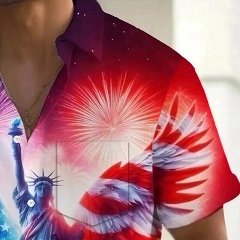 Independence Day Men's Statue Of Liberty US Flag Patriotic Shirt Summer Shirt Button Up Shirt Short Sleeve Fashion Casual Holiday Summer Spring Turndown 3D Print Collared Shirts Front One Pocket Red2