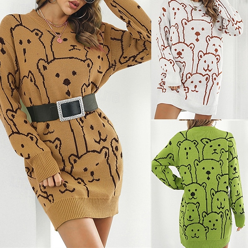 Women's Mini Dress Sweater Dress Knit Dress Casual Dress Fashion Outdoor Party Holiday Regular Fit Animal Long Sleeve Crew Neck White Green Khaki Fall Winter