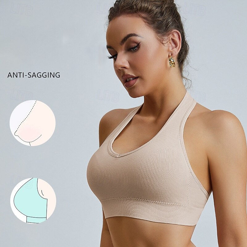 Women's Yoga Bra Sports Bra Pilates Bra Bra Top Push Up Seamless Anti-vibration Wireless Solid / Plain Color Sport Activewear Silver Lake blue Gym Zumba Running4