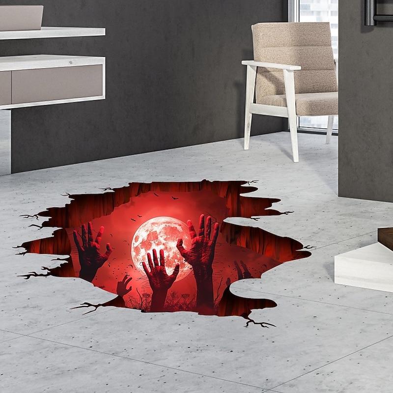 Halloween Floor & Wall Decal Sticker 3D Scary Red Moon and Hand Breakthrough Design, Self-Adhesive Floor and Wall Decor for Bedroom and Living Room4