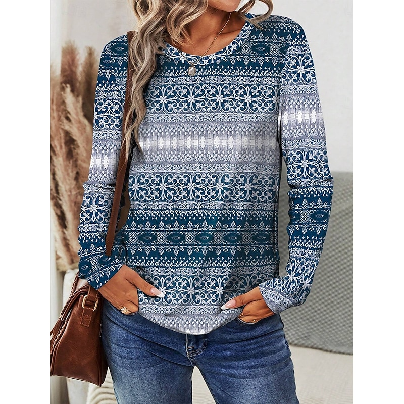 Women's T shirt Long Sleeve Crew Neck Long Sleeve Tunic Graphic Geometric Stylish Casual Trendy Regular Tops Daily Weekend Print Pink Blue  Fall Prefall4