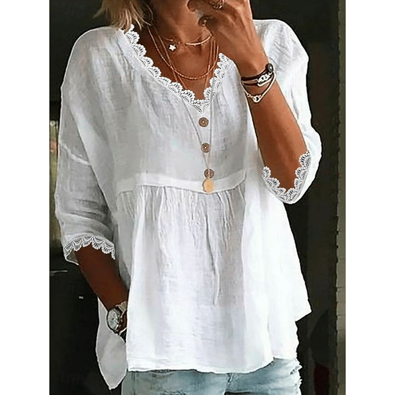 Women's Cotton Linen Shirts Solid Color Basic Casual 3/4 Length Sleeve V Neck Regular Tops Daily Lace Patchwork White Pink Sky Blue Summer2