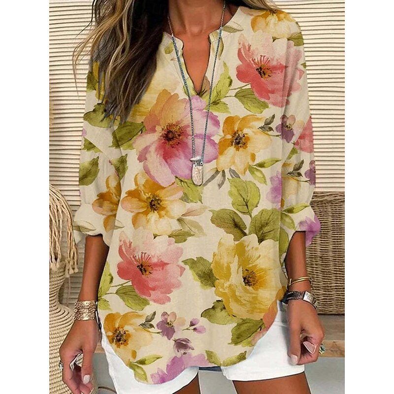 Women's Shirt Floral Stylish Modern Long Sleeve V Neck Regular Tops Daily Holiday Buttons Print Black Yellow Pink Purple Orange Summer4