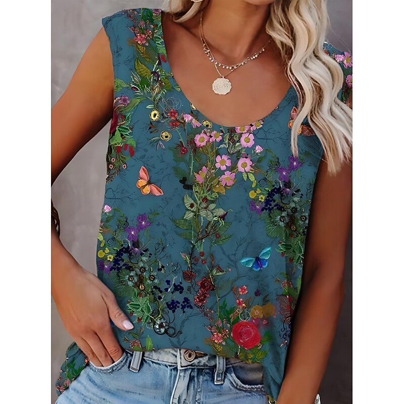 Women's Tank Top Floral Graphic Vintage Tropical Daily Sleeveless Sleeveless Crew Neck Regular Tops Daily Holiday Going out Black Light Green Pink Blue Orange Summer Spring
