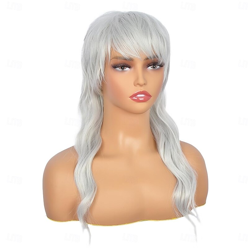 Long Grey Mullet Wig for Women with Bangs 90s 80s Wigs Natural Looking Synthetic Wig With Bangs for Women Wig Halloween Wigs4