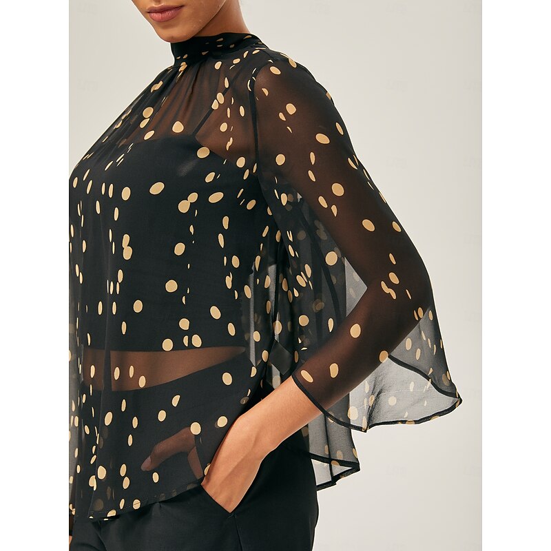 Black-Yellow Dot Asymmetric Chiffon Blouse4