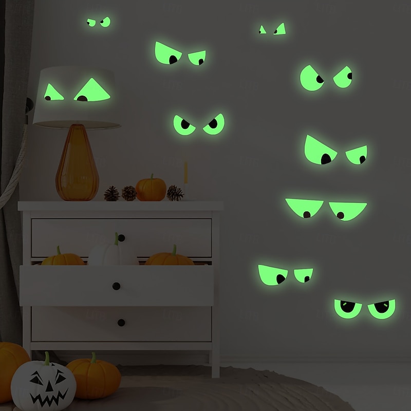 Halloween Glow in the Dark Wall Stickers, 10 Pairs Scary Eyes Fluorescent Face Decals for Day of the Dead Scene Decorations, Luminous Halloween Party Wall Decor2