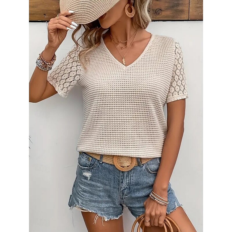 Women's T Shirt Plain Fashion Modern Casual Short Sleeve V Neck Regular Tops Daily Weekend Eyelet Beige Summer3