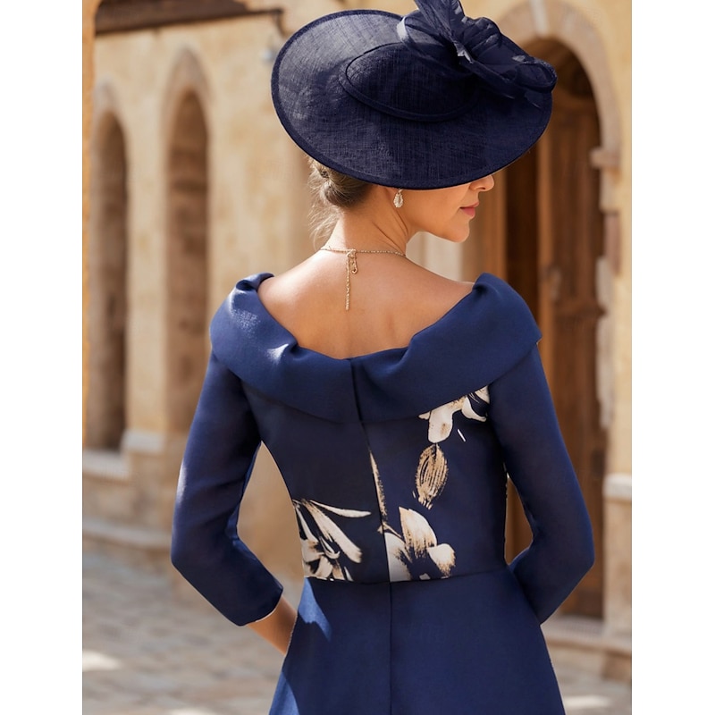 A-Line Mother of the Bride Dress Wedding Guest Elegant Vintage Bateau Neck Ankle Length Chiffon 3/4 Length Sleeve with Flower Solid Color Wedding Guest Dress2