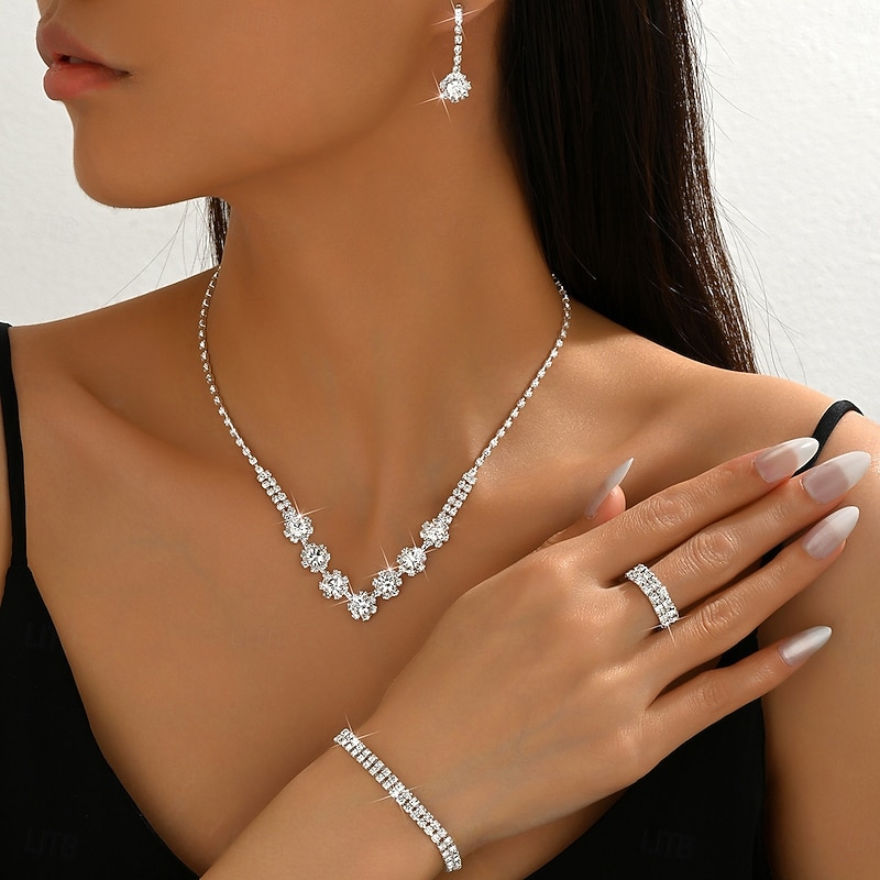 Bridal Jewelry Sets Four-piece Suit Zircon Rings 1 Necklace 1 Bracelet Earrings Women's Elegant Vintage Personalized Lovely Classic Love Precious Jewelry Set For Wedding Work Birthday