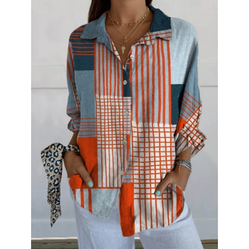 Women's Blouse Geometric Color Block Daily Stylish Long Sleeve Shirt Collar Regular Tops Daily Holiday Buttons Print Blue Summer