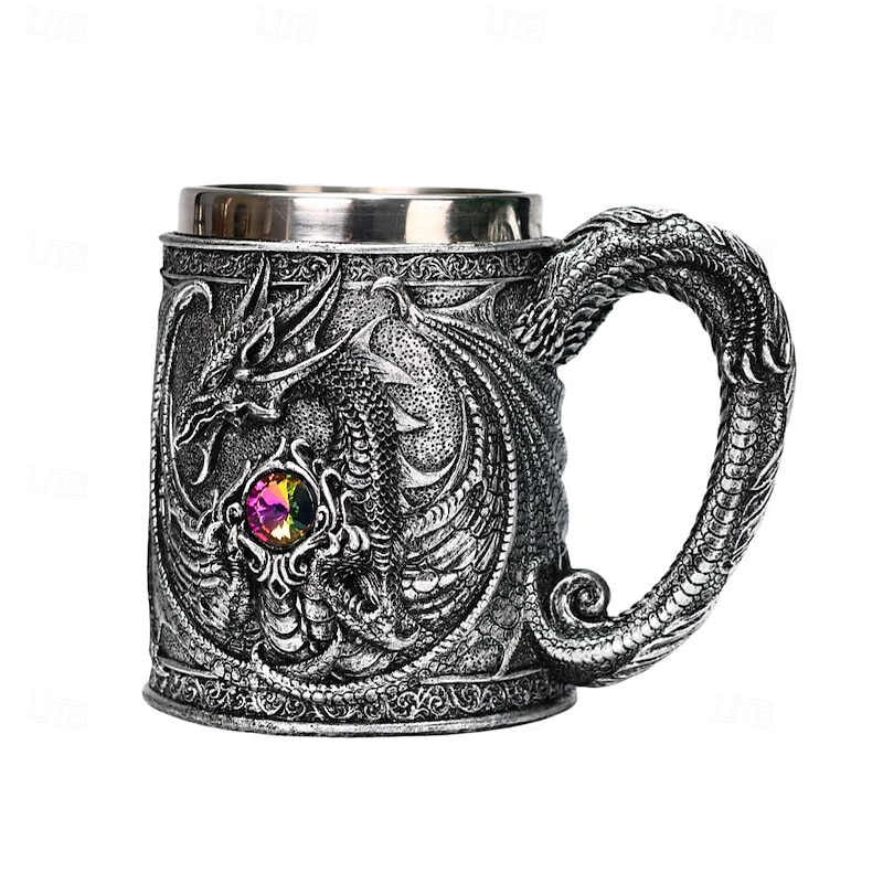 Medieval Dragon Beer Mug,Oktoberfest Gift Mug 3D Embossed Stainless Steel Coffee Cup,Oktoberfest Gift for Men Retro Tea Tankard, High Aesthetic Water Mug3