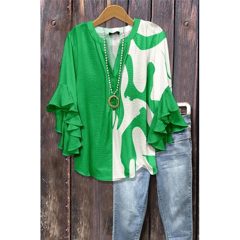 Women's Blouse V Neck Floral Graphic Geometric Bohemia Vintage Daily 3/4 Length Sleeve Flutter Sleeve Regular Tops Daily Holiday Vacation Wear Ruffle Print Black Pink Blue Orange Brown Summer Spring2