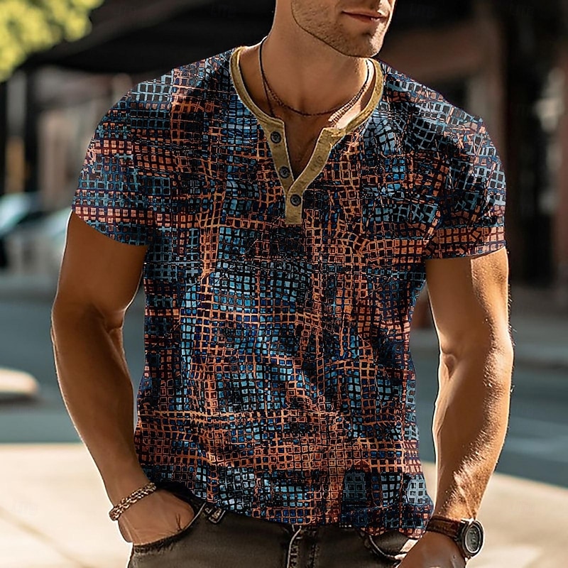 Men's Geometric Abstract T Shirt Henley Shirt Short Sleeve Designer Modern Casual Street Casual Daily Summer Spring Coffee Henley Henley T-Shirt