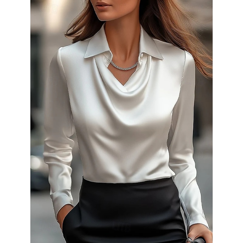 Women's Blouse Satin Solid Color Elegant Long Sleeve Cowl Neck Drape Neckline Regular Tops Daily Ruched Draped  Loose Fit White Pink Wine Blue Purple Fall